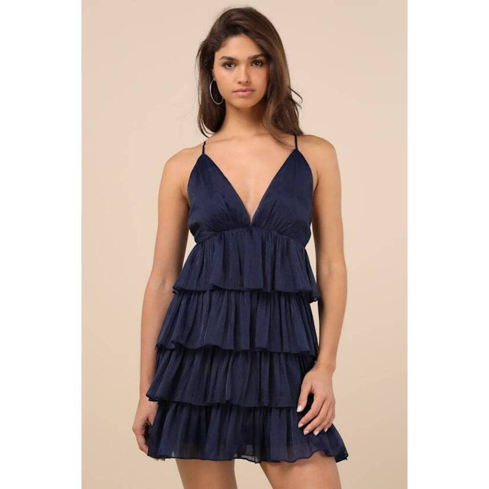 Lulus The Party's Tier Navy Organza Tiered Backless Mini Dress Blue - Size M